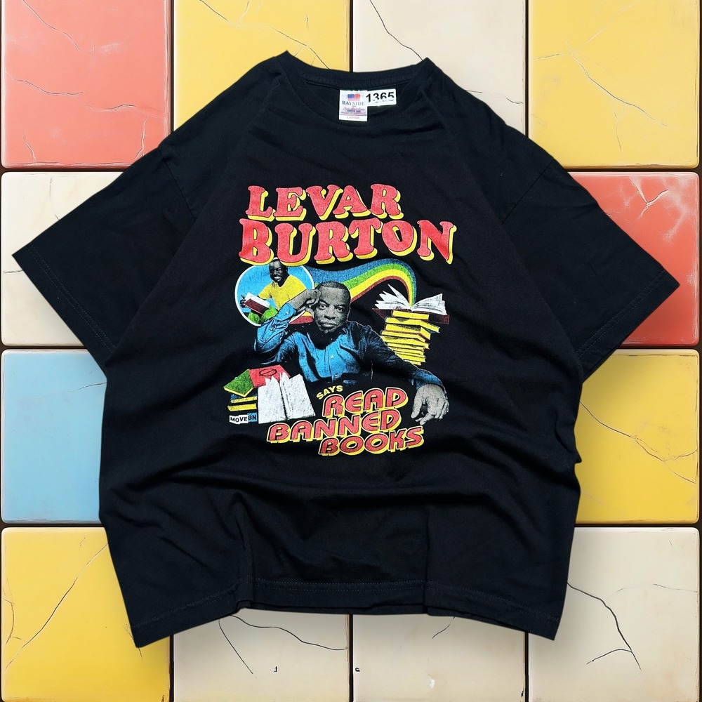 VTG Reading Rainbow LeVar Burton Tee 90s Men L Black Read Banned Books USA PBS